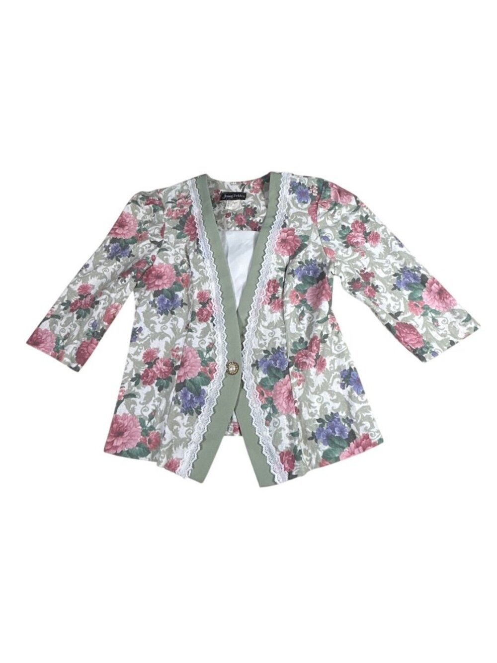 VTG Jenny Petites Floral Jacket Women's Sz 10 Lace Trim Pearl Button USA